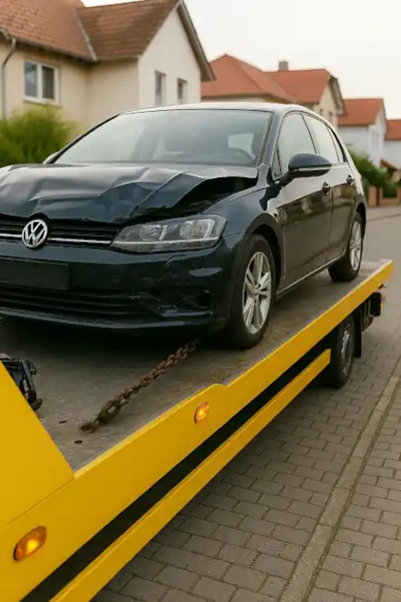 Ein defektes Fahrzeug, das von einem Abschleppdienst zum Autoankauf in Hamm transportiert wird.